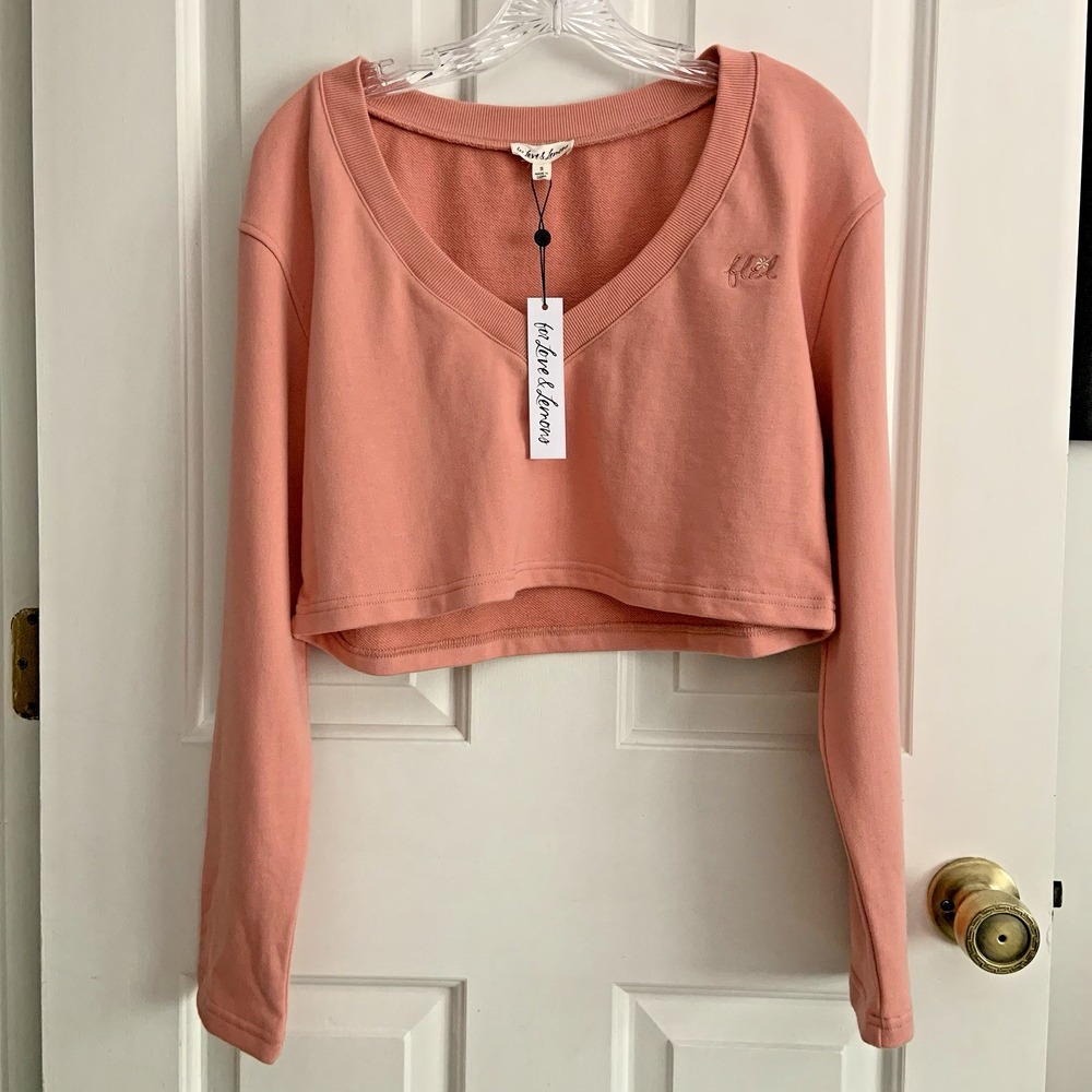 NWT For Love & Lemons Cropped V Neck Sweatshirt Top Sweater Pink Women sz Small